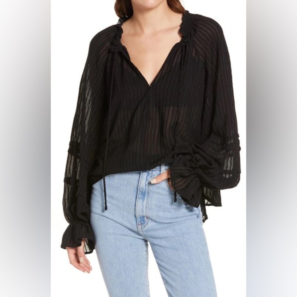 Free People Out Of Town Split Neck Blouse Black Women’s Size M